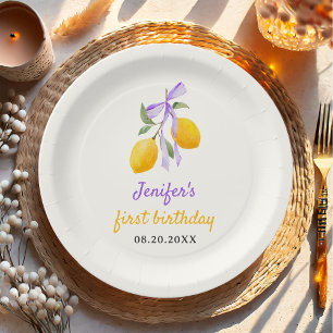Lemon Purple Bow First Birthday Party Paper Plate