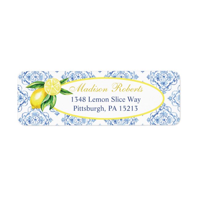 Lemon Return Address Labels, Blue Tile Italian Label (Front)