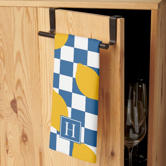 Lemon Rustic Farmhouse Blue White Check Monogram Tea Towel (Thirds Fold)