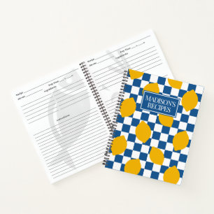 Lemon Rustic Farmhouse Blue & White Check Recipe Notebook