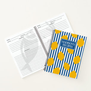 Lemon Rustic Farmhouse Blue & White Stripe Recipe Notebook
