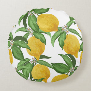 Lemon seamless vintage pattern. Tropical fruit bac Round Cushion
