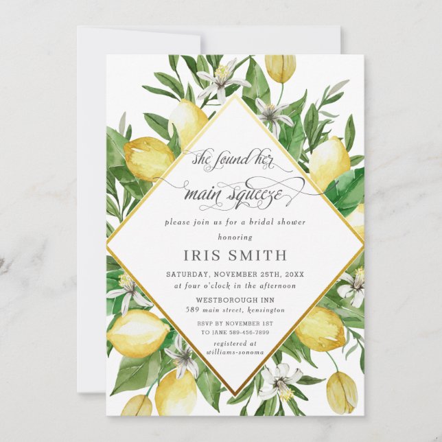 Lemon She Found Her Main Squeeze Bridal Shower Invitation (Front)