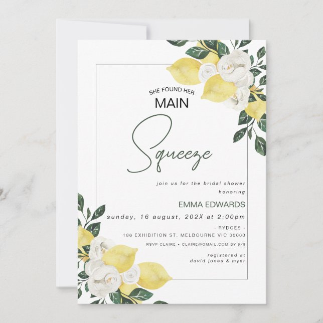 Lemon She Found Her Main Squeeze Bridal Shower Invitation (Front)