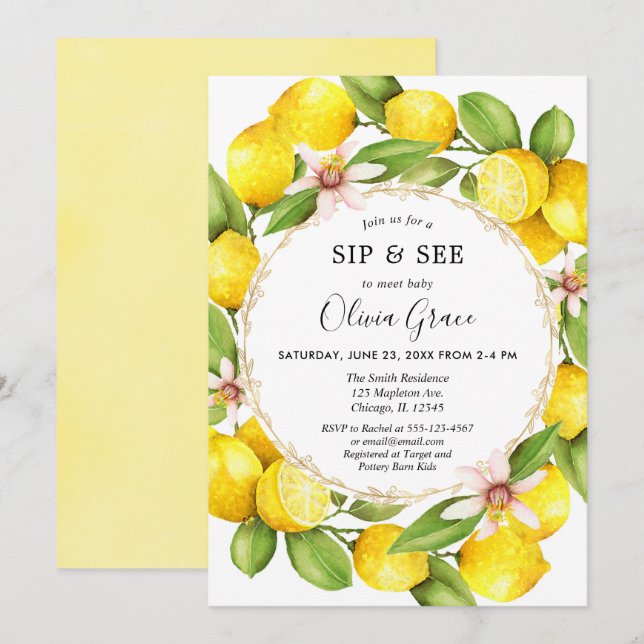 Lemon sip and see, meet and greet baby girl invitation (Front/Back)