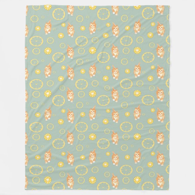 lemon slice and cat pattern fleece blanket (Front)