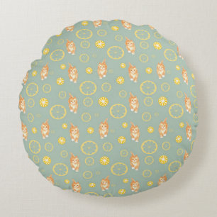 lemon slice and cat pattern round cushion
