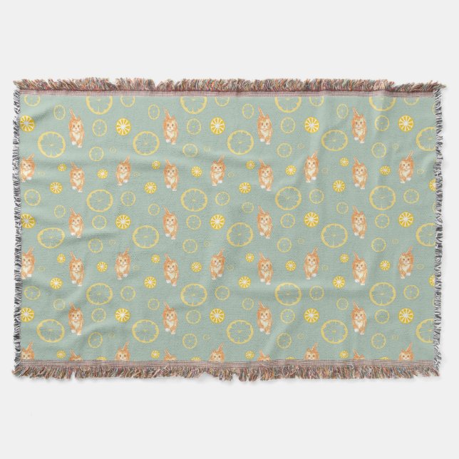 lemon slice and cat pattern throw blanket (Front)