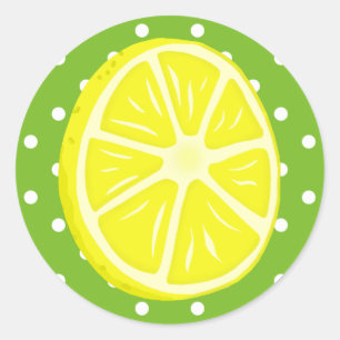 Lemon Slice, Green and White Polka Dots Classic Round Sticker