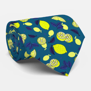 Lemon Slices and Blue Leaves Lemon Food Patterned Tie