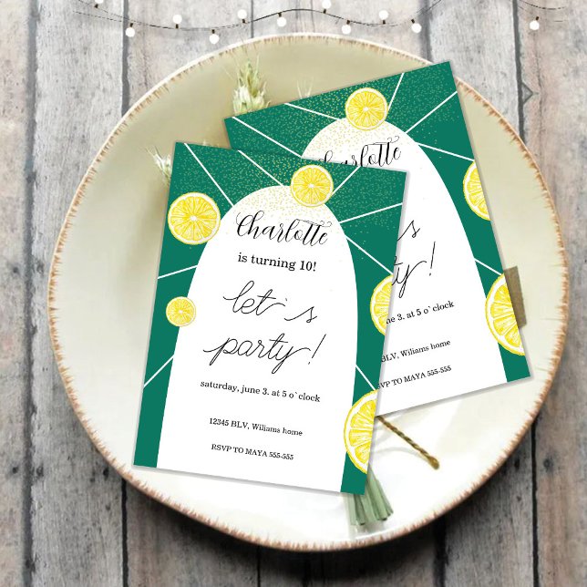 Lemon Slices Rich Green Glitter Geometric Invitation (Creator Uploaded)