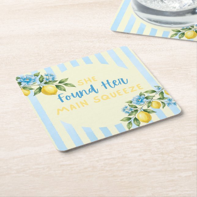 Lemon Stripes Main Squeeze Bridal Shower Square Paper Coaster (Angled)