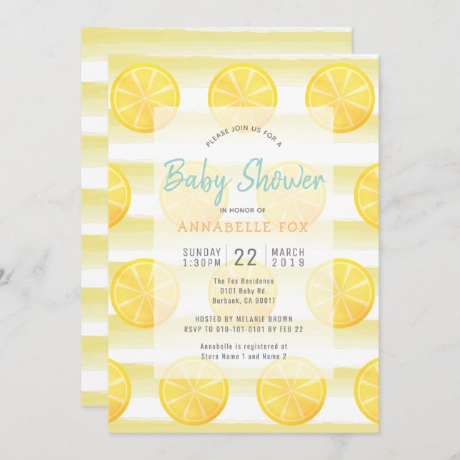 Lemon & Stripes Watercolor Baby Shower Invitation (Front/Back)
