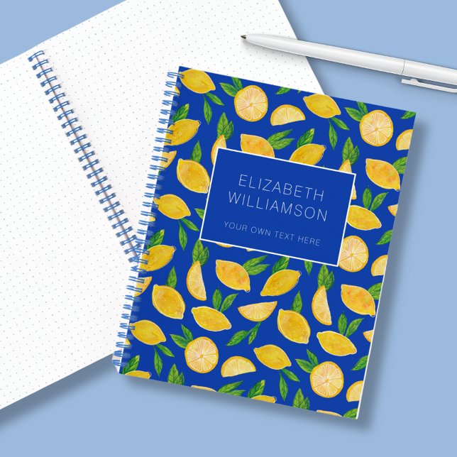 Lemon summer citrus fruit pattern notebook (Citrus lemon fruity notebook with custom name & text. Summer fruit on a vibrant blue background.)
