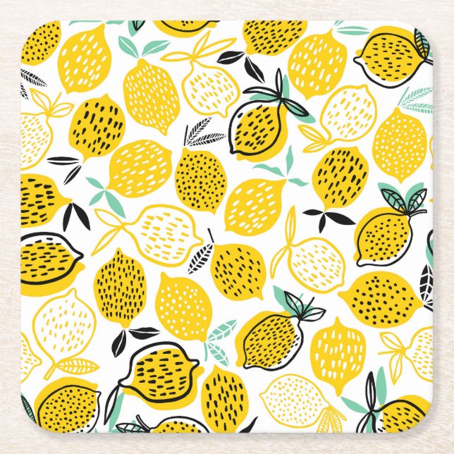 Lemon Summer Design Vintage Illustration Square Paper Coaster (Front)