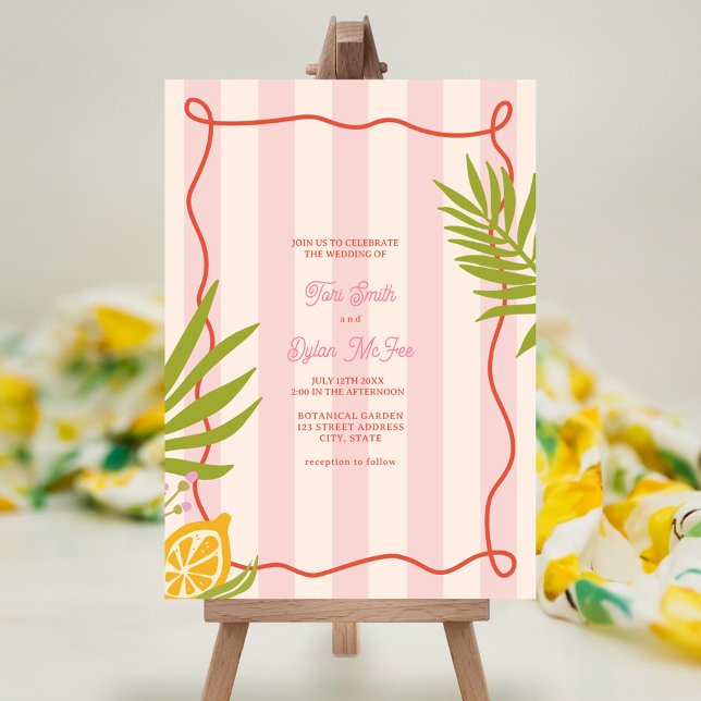 Lemon Swirl Pink Stripe Palm Wedding Invitation (Creator Uploaded)