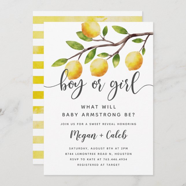 Lemon Theme Gender Reveal Summer Party  Invitation (Front/Back)