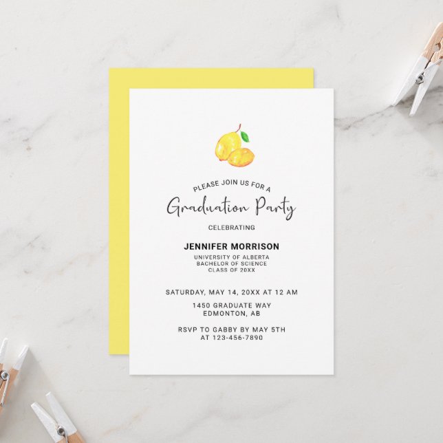 Lemon Theme Graduation Party Boho Modern Chic Invitation (Front/Back In Situ)