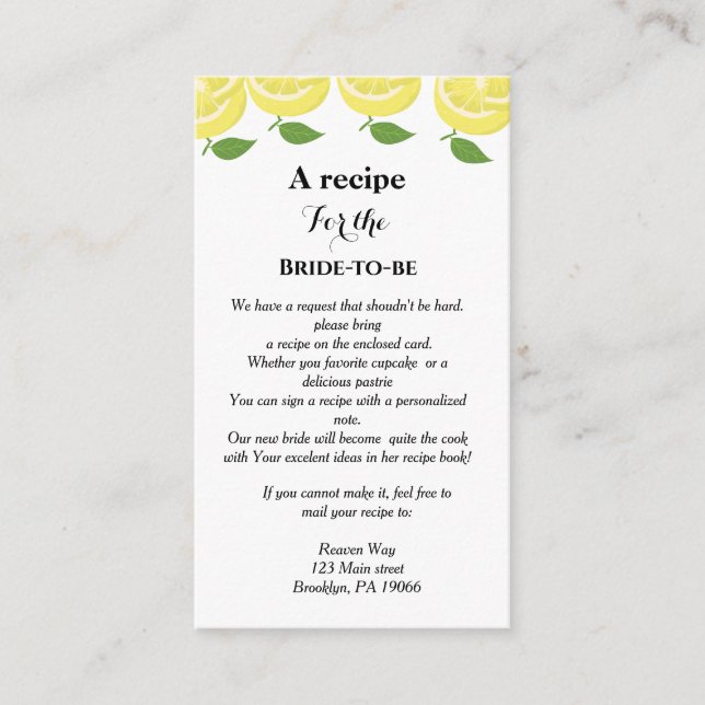 Lemon theme Recipe request bridal shower Enclosure Card (Front)