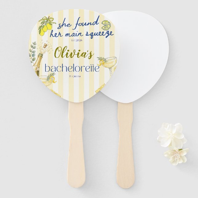 lemon theme she found her main squeeze yellow  hand fan (Front and Back)