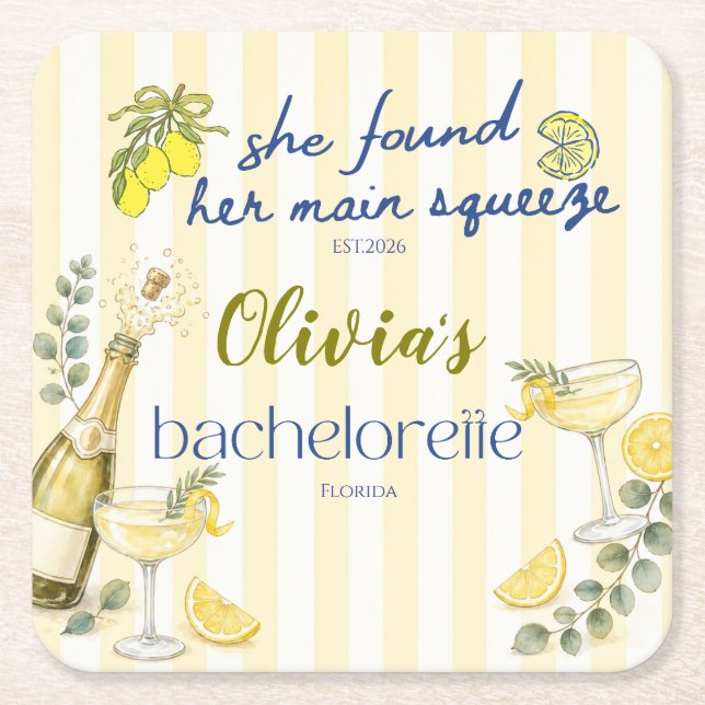 lemon theme she found her main squeeze yellow  square paper coaster (Front)