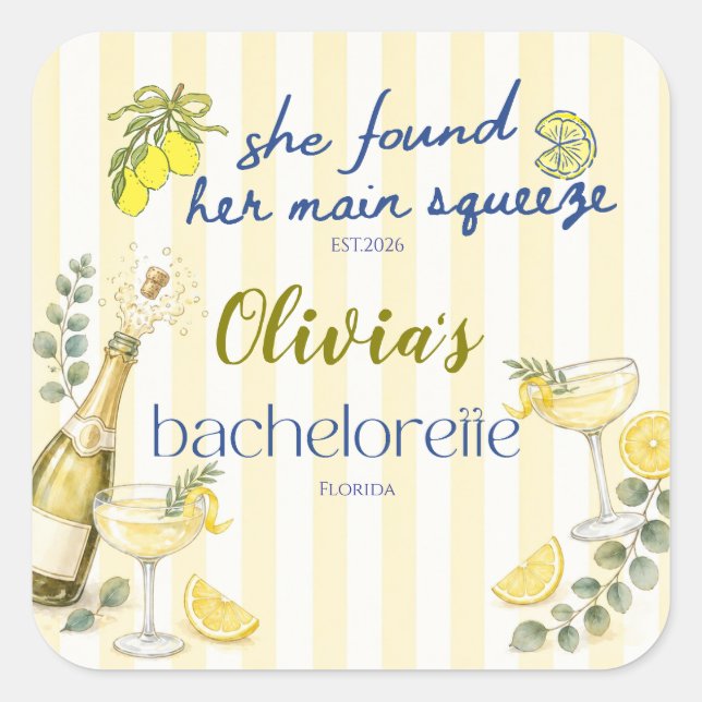 lemon theme she found her main squeeze yellow  square sticker (Front)