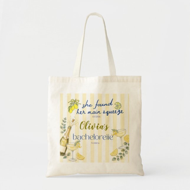 lemon theme she found her main squeeze yellow  tote bag (Front)