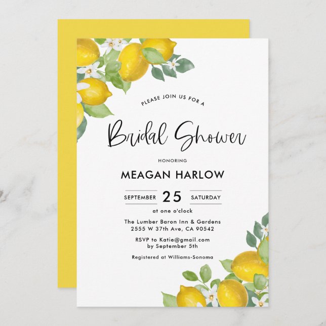 Lemon Theme Summer Bridal Shower Shower Invitation (Front/Back)