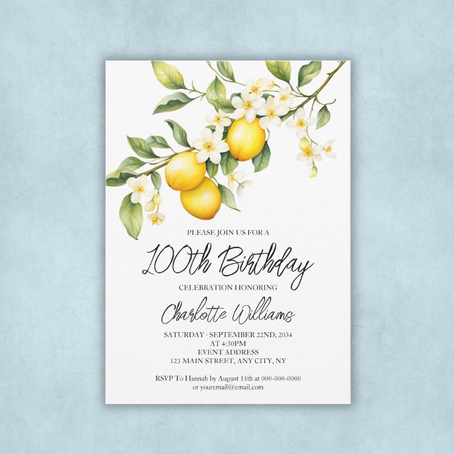 Lemon Theme Watercolo 100th Birthday Party Invitation (Lemon Theme Watercolo 100th Birthday Party Invitation)