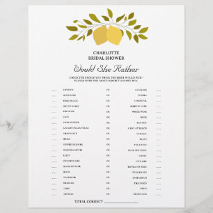 Lemon Theme Would She Rather Bridal Shower Game Flyer