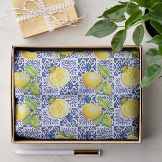Lemon Tile Blue White Pattern Mediterranean Citrus Tissue Paper (Gift)