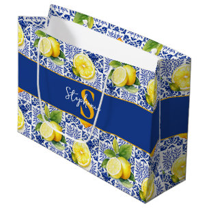 Lemon Tile Blue White Pattern Monogram Name Citrus Large Gift Bag