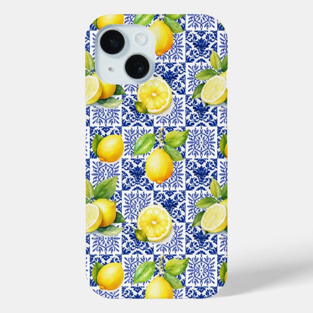 Lemon Tile Pattern Blue White Mediterranean Citrus Case-Mate iPhone Case (Back)