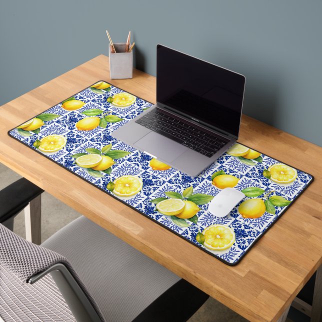 Lemon Tile Pattern Blue White Mediterranean Citrus Desk Mat (Office 2)
