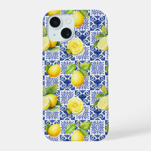 Lemon Tile Pattern Blue White Mediterranean Citrus iPhone 15 Case