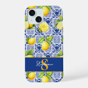 Lemon Tile Pattern Blue White Mediterranean Citrus iPhone 15 Case