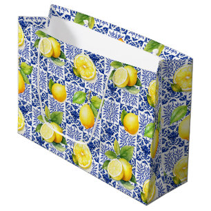 Lemon Tile Pattern Blue White Mediterranean Citrus Large Gift Bag