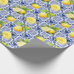 Lemon Tile Pattern Blue White Mediterranean Citrus Wrapping Paper