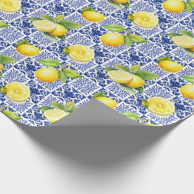 Lemon Tile Pattern Blue White Mediterranean Citrus Wrapping Paper (Corner)