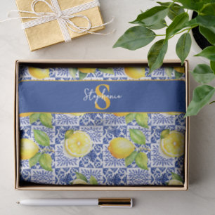 Lemon Tile Pattern Monogram Blue White Name Citrus Tissue Paper
