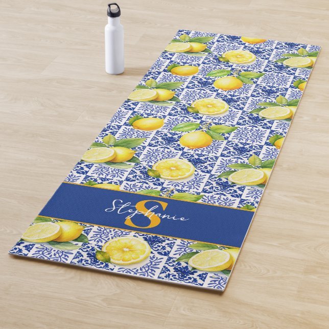 Lemon Tile Pattern Name Blue White Monogram Citrus Yoga Mat (In Situ)