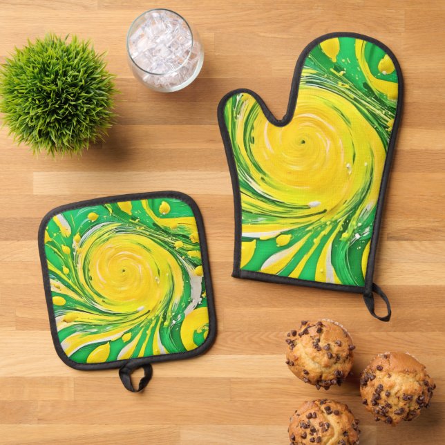 Lemon Tornado Design Oven Mitt & Pot Holder Set (Top Down)