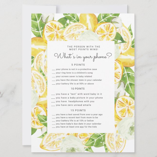 lemon tree Baby Shower phone game card (Front)