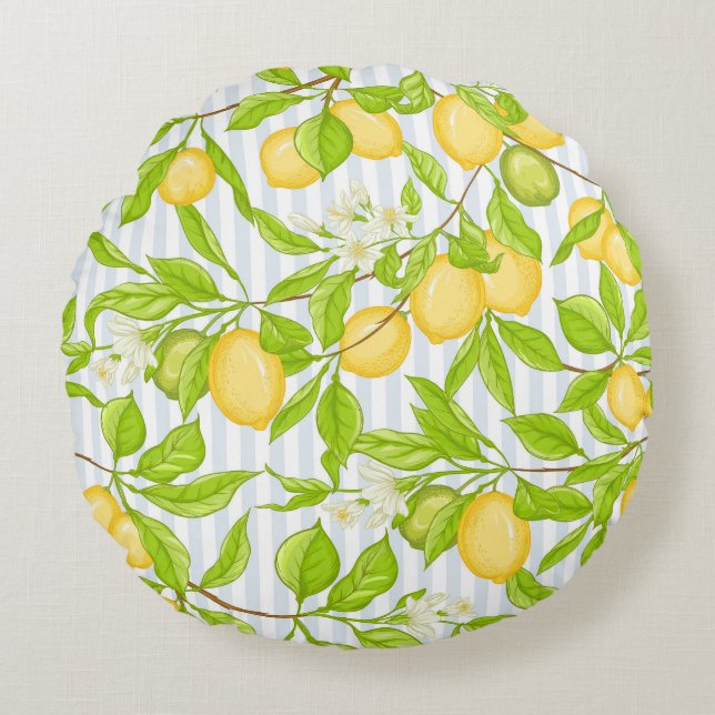 Lemon Tree Branch: Striped Seamless Pattern Round Cushion (Front)