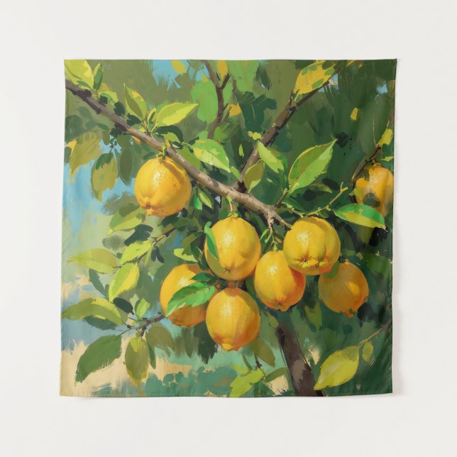 Lemon Tree Branch with Bright Yellow Fruit Tapestry (Front)