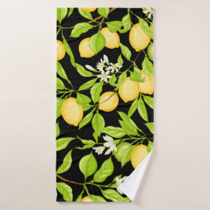Lemon tree branch with lemons, flowers and leaves. bath towel