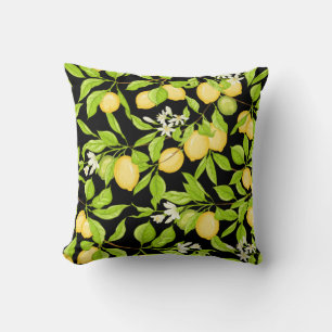 Lemon tree branch with lemons, flowers and leaves. cushion