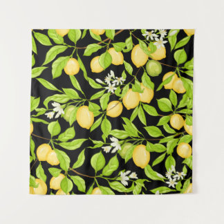 Lemon tree branch with lemons, flowers and leaves. tapestry