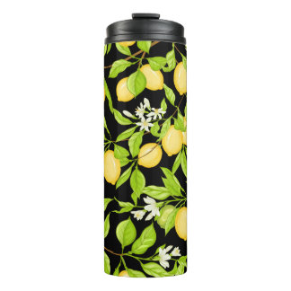 Lemon tree branch with lemons, flowers and leaves. thermal tumbler