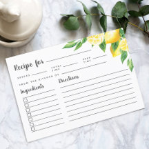Lemon Tree Bridal Shower Recipe Card